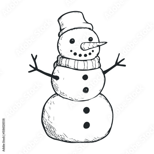 Black and white sketch of a snowman with scarf and hat. Hand drawn vector illustration