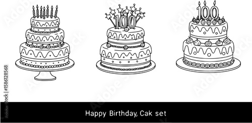 Three birthday cakes for a one hundred year old . Vector drawings
