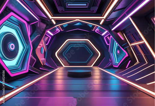 Futuristic neon hallway interior design with platform and glowing elements