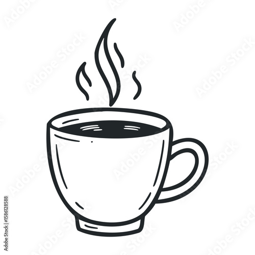 Simple black and white line art of a steaming coffee mug. Hand drawn vector illustration