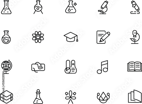 Black line icons, science and education symbols on transparent background