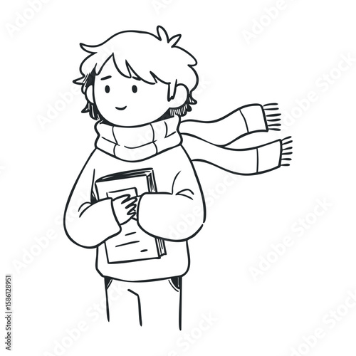 Young caucasian female holding book with scarf blowing in wind. Hand drawn vector illustration