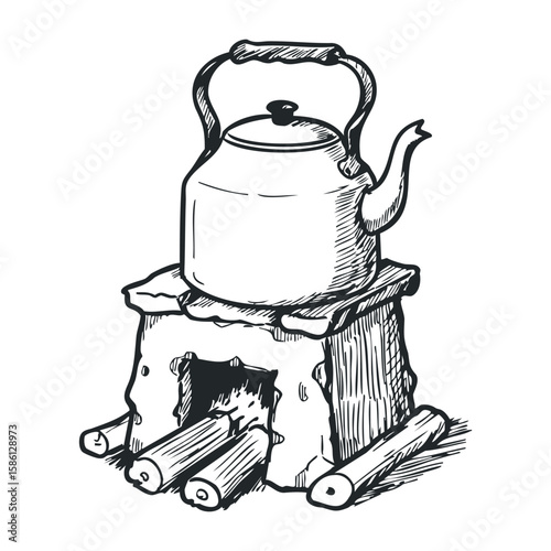 Vintage kettle on rustic stove with firewood in hand-drawn style. Hand drawn vector illustration