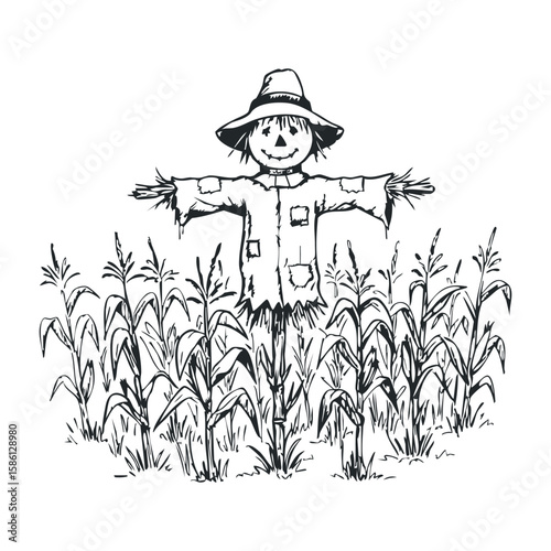 Rustic scarecrow in cornfield sketch with straw hat and patchwork clothing. Hand drawn vector illustration