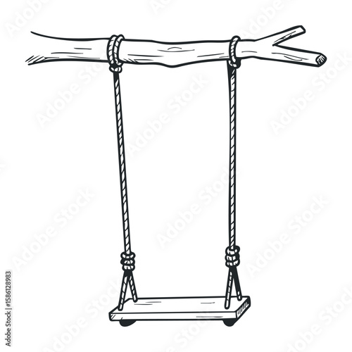 Wooden tree swing with ropes hanging on branch. Hand drawn vector illustration