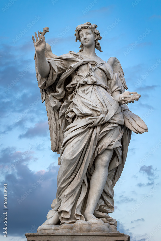 A marble statue of an angel, among those on the Ponte Sant'Angelo in Rome, Italy. The angel displays the nails with which Jesus was crucified. A marble statue of an angel, among those on the Ponte Sant'Angelo in Rome, Italy. The angel displays the nails with which Jesus was crucified.