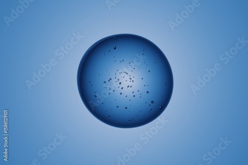 Shiny blue glass sphere with internal floating air bubbles, isolated on solid background, abstract molecular or water drop concept for scientific, cosmetic or futuristic technology visuals