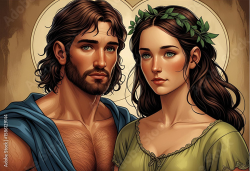 Portrait of adam and eve digital art style biblical figures illustration