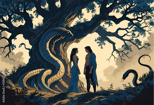 Adam and eve with snake digital art illustration mythology biblical scene