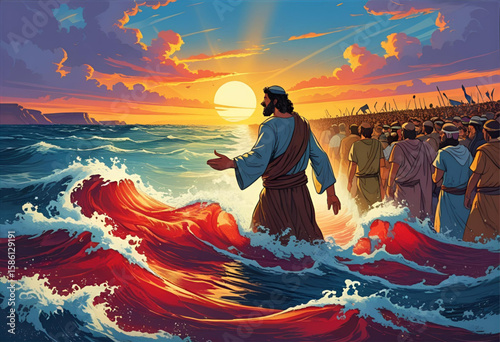 Moses parting red sea illustration biblical scene exodus miracle artwork design