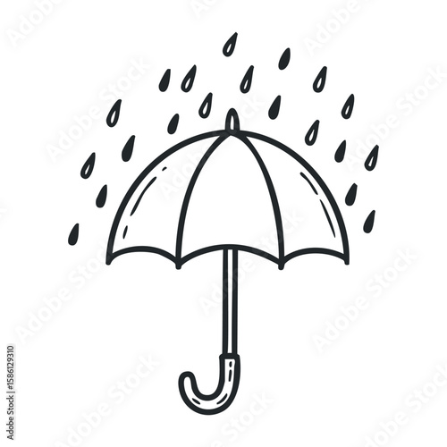 Monochrome umbrella with raindrops - simple black and white weather drawing. Hand drawn vector illustration