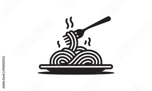 Black and white spaghetti dish with fork and steam vector illustration