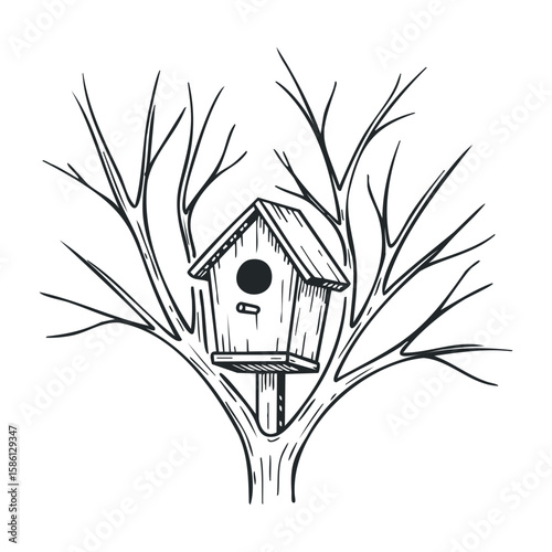 Black and white drawing of birdhouse on leafless tree branches. Hand drawn vector illustration
