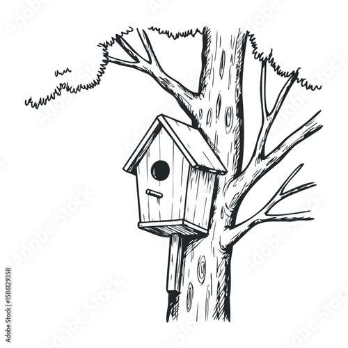 Hand-drawn birdhouse on tree with branches line art illustration. Hand drawn vector illustration
