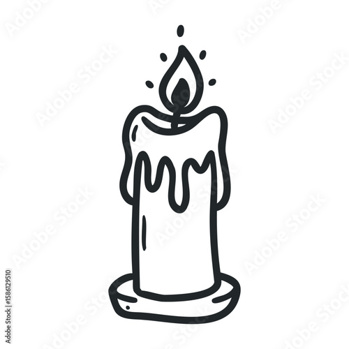 Hand-drawn melting wax candle with flame on holder in black and white. Hand drawn vector illustration