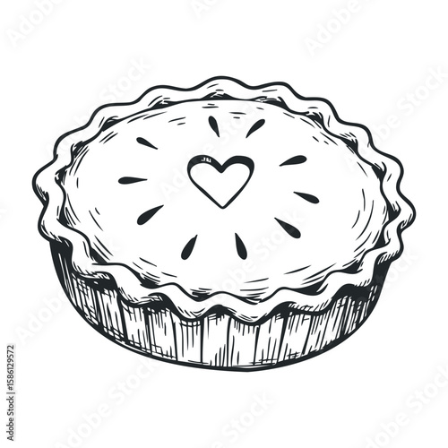 Hand-drawn black and white pie with heart design on crust. Hand drawn vector illustration