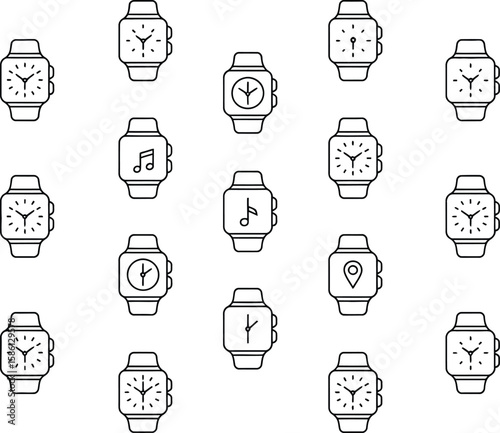 Black Outline Smartwatch Line Art Pattern on White Background, Various Digital Faces
