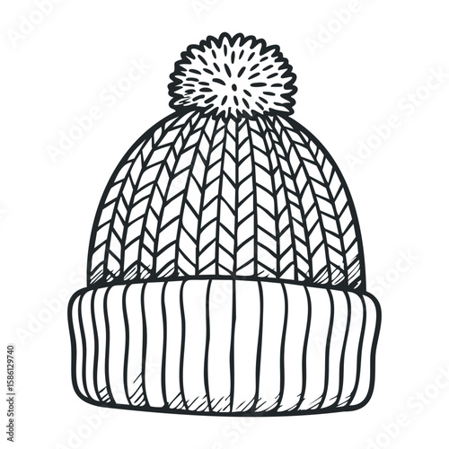 Knitted winter hat with pom pom in black and white line art illustration. Hand drawn vector illustration