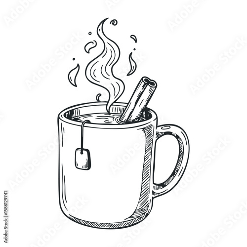 Black and white sketch of a hot beverage with cinnamon stick and tea bag. Hand drawn vector illustration