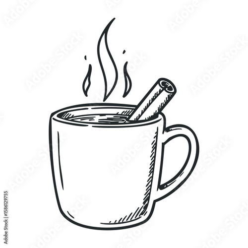 Hand-drawn style hot beverage mug with cinnamon stick and steam illustration. Hand drawn vector illustration