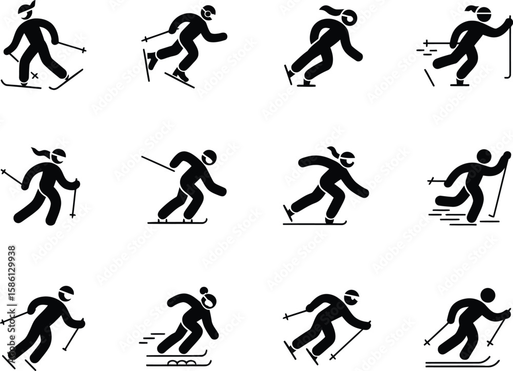 Obraz premium Black Skiing Pictograms Set, Various Action Poses with Transparent Background