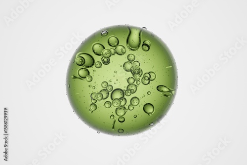 Microscopic close-up of green spherical molecular structure with suspended bubbles inside, isolated on background, abstract science, biology, chemistry or medical research concept