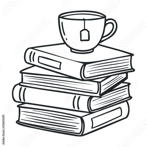 Stack of books with teacup and teabag sketch on a white background. Hand drawn vector illustration