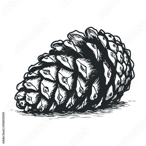 Intricate black and white pinecone sketch detailed nature artwork. Hand drawn vector illustration