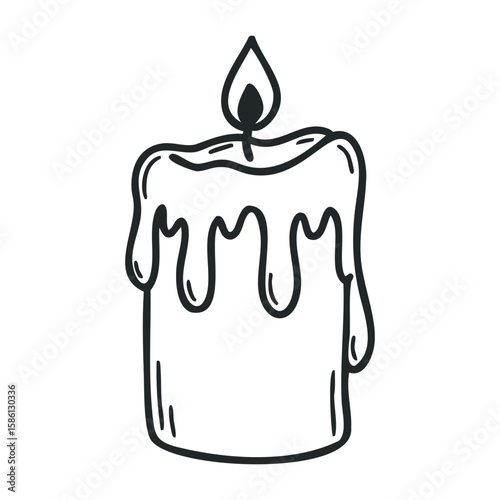 Dripping wax candle icon with burning flame in minimalist black sketch style. Hand drawn vector illustration