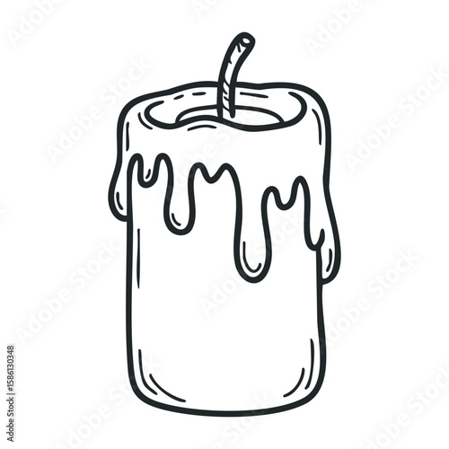 Black and white dripping candle drawing with melting wax in line art style. Hand drawn vector illustration