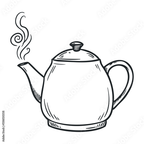 Hand-drawn teapot with steam illustration in monochrome style. Hand drawn vector illustration