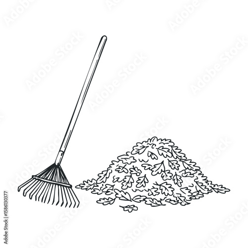 Rake and autumn leaves in black and white minimalist design. Hand drawn vector illustration