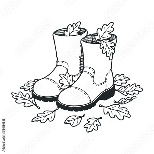Autumn boots and fallen leaves illustrate seasonal change and outdoor style. Hand drawn vector illustration