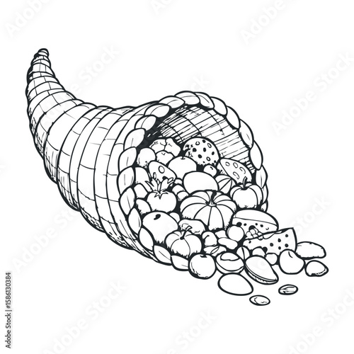 Cornucopia with abundant harvest: fruits, vegetables, nuts, and cheese in bountiful freestyle sketch. Hand drawn vector illustration