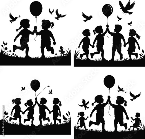 kids silhouette, children playing silhouette, child silhouette clipart, boy and girl silhouette, toddler silhouette vector, running kids silhouette, jumping child silhouette, happy kids shadow art