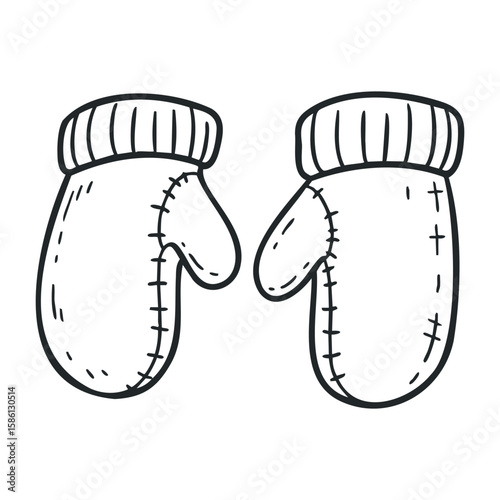 Simple black and white drawing of knitted winter mittens with decorative stitches. Hand drawn vector illustration
