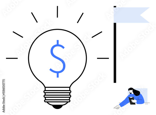 Lightbulb with dollar sign radiating ideas, flag denoting goals, woman reading calmly. Ideal for entrepreneurship, finance, innovation, goal setting, business planning, motivation simple landing