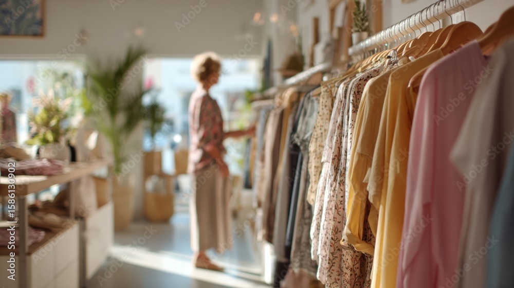 Fototapeta premium Woman Shopping for Clothes in a Bright Boutique with Shelves and Hanging Fashion.