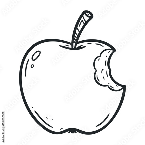 Outline black and white apple with bite missing on white background. Hand drawn vector illustration