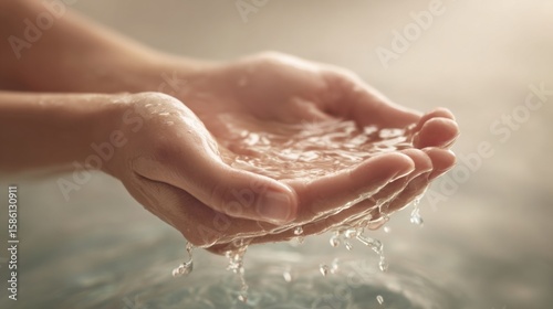 Close-up of Person Washing Hands with Water in Soft Natural Light for Hygiene.
