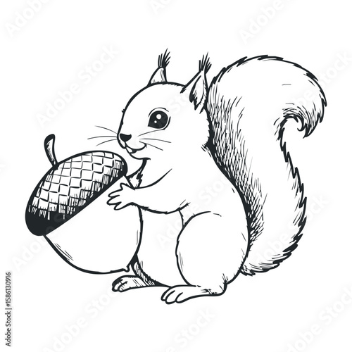 Hand-drawn squirrel holding acorn sketch in black and white. Hand drawn vector illustration