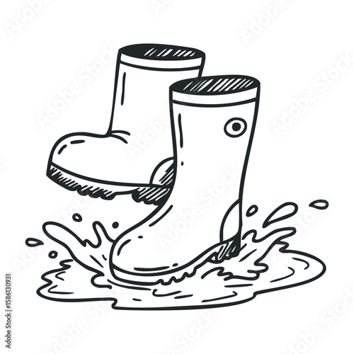 Rain boots splashing in puddle - black and white sketch. Hand drawn vector illustration
