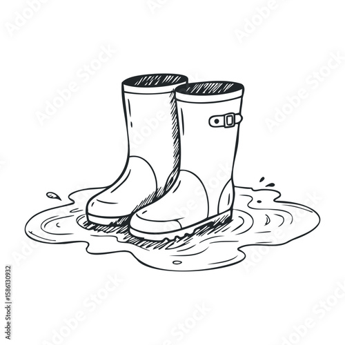 Black and white sketch of rain boots in a water puddle. Hand drawn vector illustration