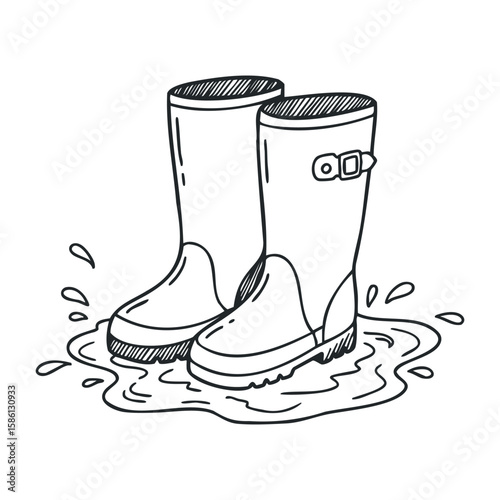 Hand-drawn rubber boots puddle sketch with splashing water design. Hand drawn vector illustration