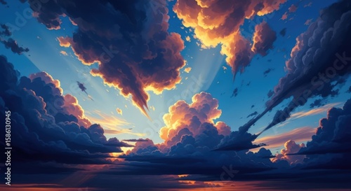 Dramatic Cloudscape: A breathtaking display of nature's artistry, showcasing a dramatic cloudscape, with sunlit clouds and radiant rays cascading over a serene body of water.