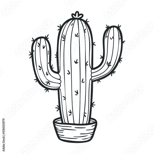 Black and white cactus in pot with simple cartoon style and spiky details. Hand drawn vector illustration