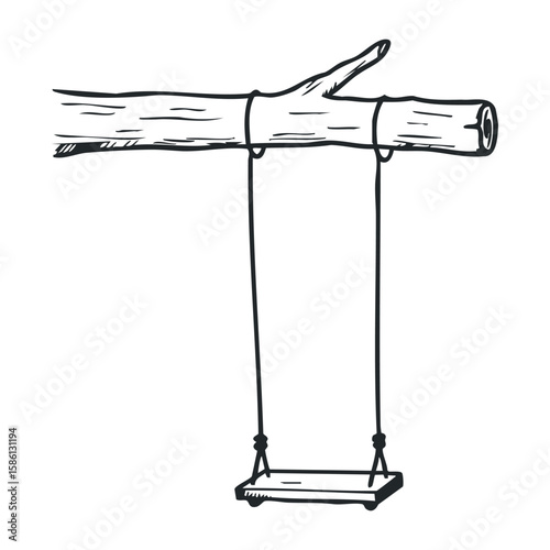 Rustic wooden swing hanging from branch with ropes on white background. Hand drawn vector illustration