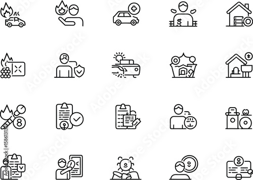 Collection of Line Art Icons Depicting Various Financial Security Themes on Transparent Background