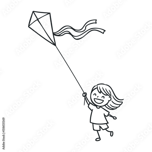Happy young caucasian girl flying kite drawing with joyful expression. Hand drawn vector illustration