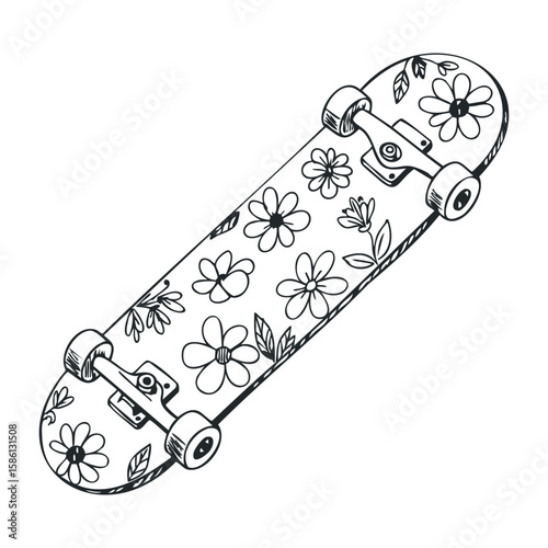 Floral design skateboard deck with detailed flower pattern illustration. Hand drawn vector illustration